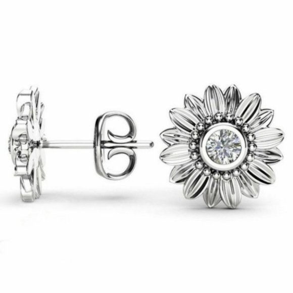 Sterling Silver Diamond Sunflower Stud Earrings - Picture 2 of 4